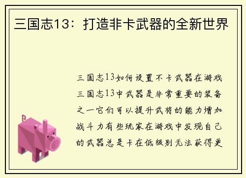 三国志13：打造非卡武器的全新世界